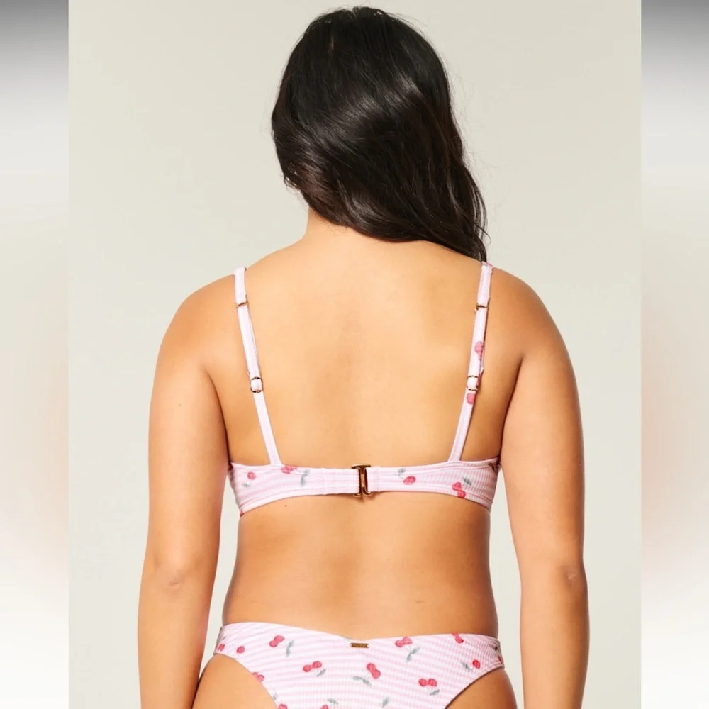 Hollister Pink White Striped Cherry Print Bikini Set